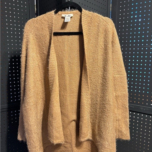 Kye Mi Sweaters - Kye Mi Fuzzy Open Front Cardigan Sweater Tan Medium Soft Cozy